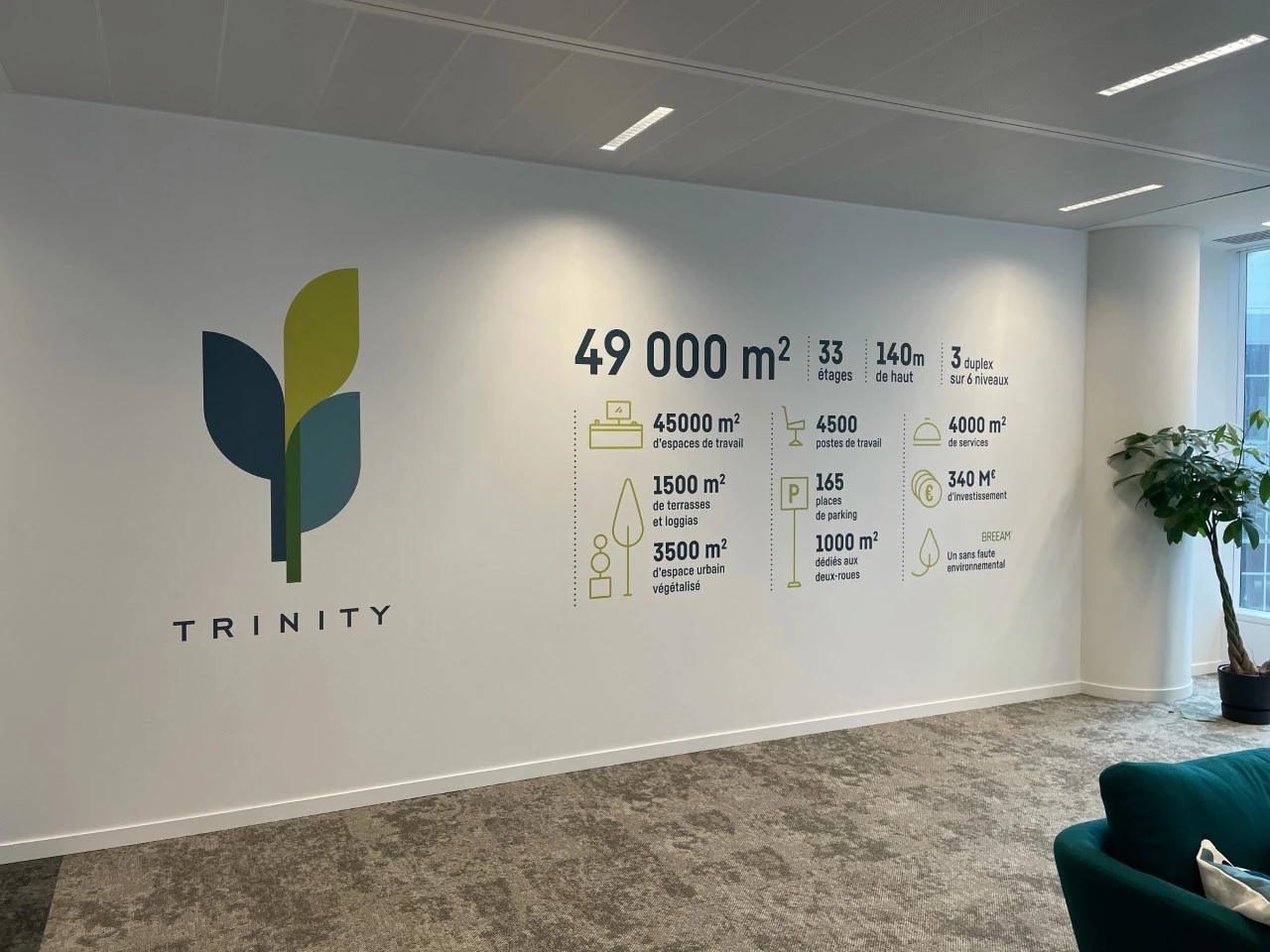 Mur d’entreprise habillé d’une composition graphique de chiffres clés